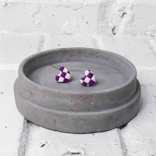 Purple and White Checkerboard Heart Stud Earrings