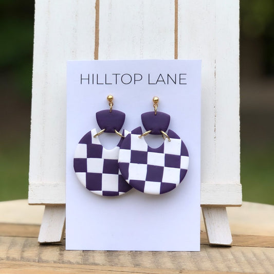 Purple and White Checkerboard Statement Earrings