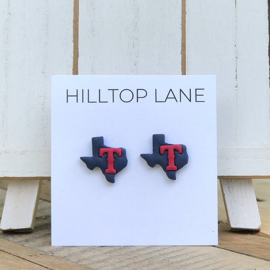 Texas Rangers Handmade Stud Earrings, Blue Texas with red T - Hilltop Lane Boutique