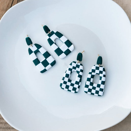Green and White Checkerboard Earrings