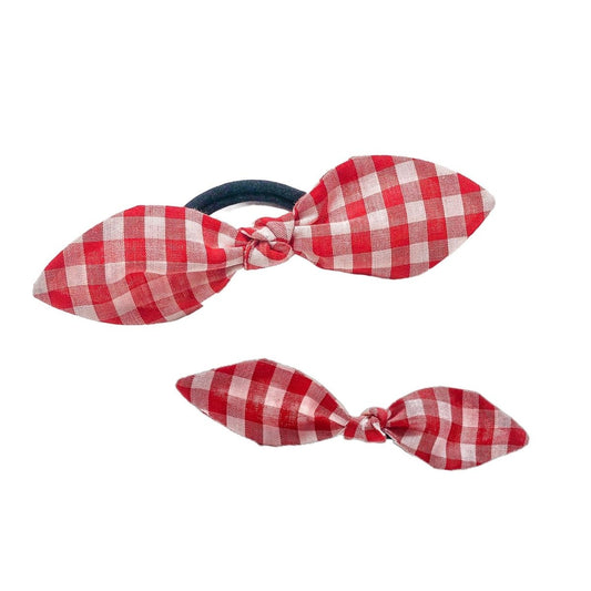 Red Gingham Fabric Bow Ponytail Holder - Hilltop Lane Boutique